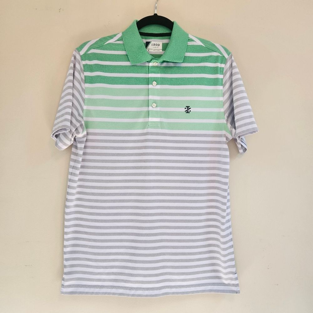 Izod Golf Polo Shirt Men Size S Green, White, Gray Striped Design